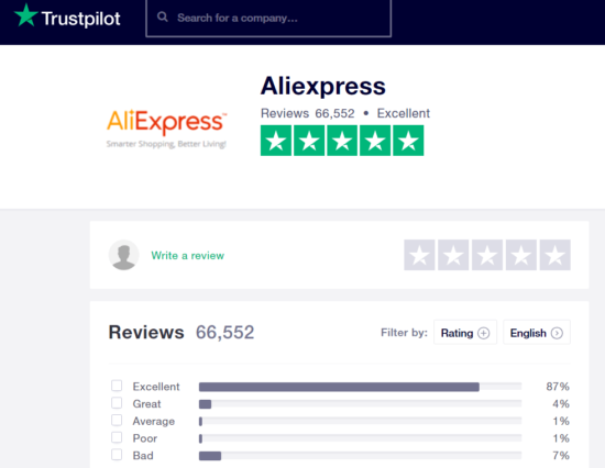 hodnocení AliExpresu na stránce Trustpilot